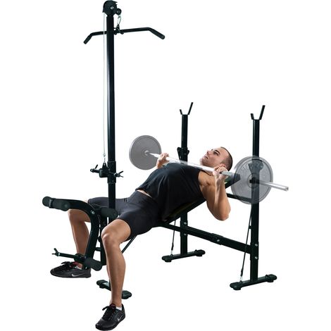 Banc multifonctionnel dossier réglable à 3 niveaux soutien jambes barre supérieure - Dimensions: 175x110x202cm - Couleur: Noir