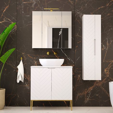 Ensemble meuble simple vasque 80cm 2 portes sur pieds et colonne Daria Blanc (1/5)