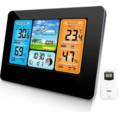Station météo sans fil intérieure/extérieure, station météo connectée, baromètre numérique intérieur/extérieur avec alarme extérieure et pression barométrique (noir) (1/3)