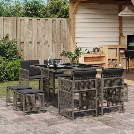 Set comedor jardín 9 pzas y cojines ratán sintético gris vidaXL (1/5)