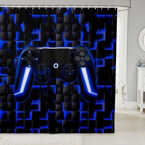 Console de Jeux 180x200cm Rideau de Douche Garçon Bleu Jeux Enfants Rideau de Bain Géométrie Console de Jeux Rideau Douche Adolescent Salle de Jeux Vidéo Décor Neon Game Handle Rideau de Baignoire - 1 (1/5)