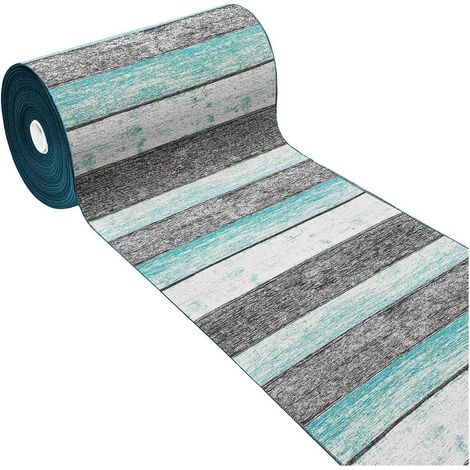Tappeto Cucina Bordato Tessitura Piatta Bagno Camera Corridoio Stile Legno Parquet Blu - 52x40 cm