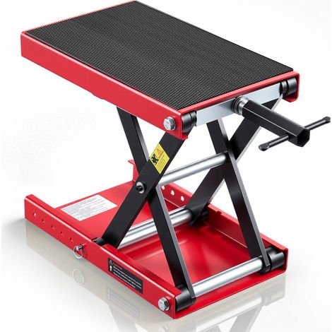 Cric élévateur à ciseaux pour moto 499 kg en acier, plateau large, entre-axe de levage 95-340 mm, rouge et noir. (1/5)