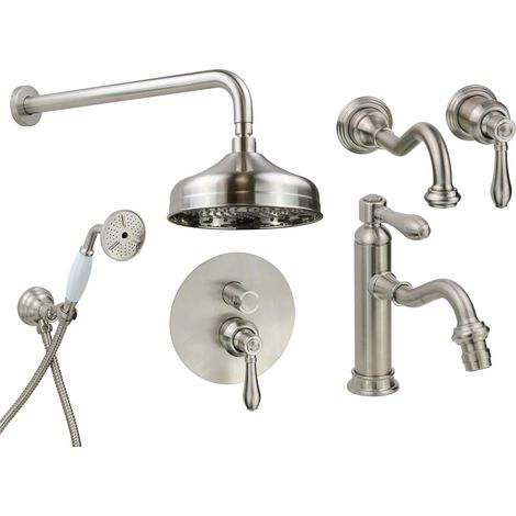 Set bagno con miscelatore lavabo a parete, bidet e kit doccia stile retrò colore nichel spazzolato Gattoni Oxford KITOXFORDNS6