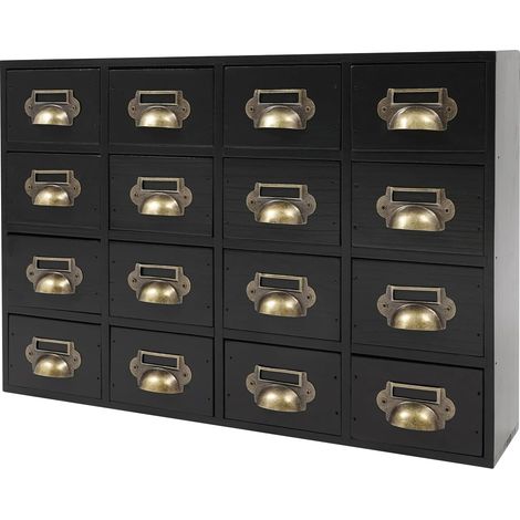 Armoire de Rangement 16 tiroirs, Casier de Rangement, Cabinet de Bureau Multifonction, Bois Massif et Contreplaqué, Poignée métallique, Charge 10kg, pour Maison Bureau Atelier, 50x10x35cm, Noir (1/5)