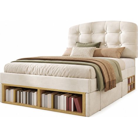 Cama individual 90x200 cm de terciopelo beige con cabecero регулируable, somier y cajones MODENUIT (1/5)