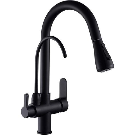 Robinet d'évier de cuisine avec douchette extractible, 2 poignées, purificateur d'eau 3 en 1, noir (1/5)