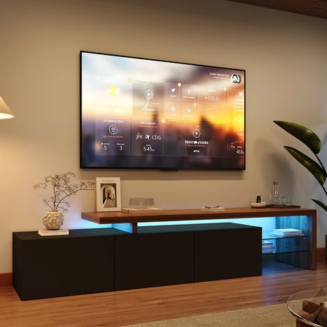 BLANKETSWARM - Meuble TV 200 cm avec éclairage LED - 3 Portes de Rangement et Étagères en Verre Intégrées - Meuble TV moderne  pour salon ou chambre - 220x39x42 cm, Noir (1/5)