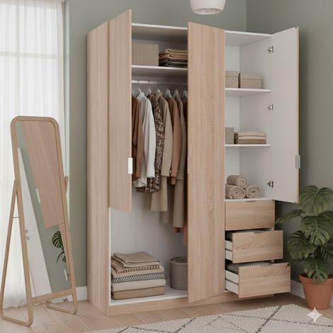 Armadio Guardaroba Vestiti 3 Ante Battenti 4 Ripiani E 3 Cassetti Con Barra Appendiabiti Salvaspazio Per Camera Da Letto Stanza Matrimoniale Design Moderno 200 x 52 x 135 Cm Colore Rovere Canadese - C