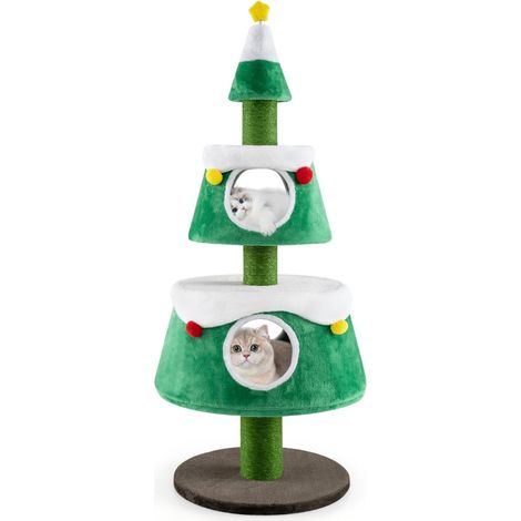 Weihnachtskatzenbaum mit 2 Höhlen, Sisalstämmen und Plüschtieren