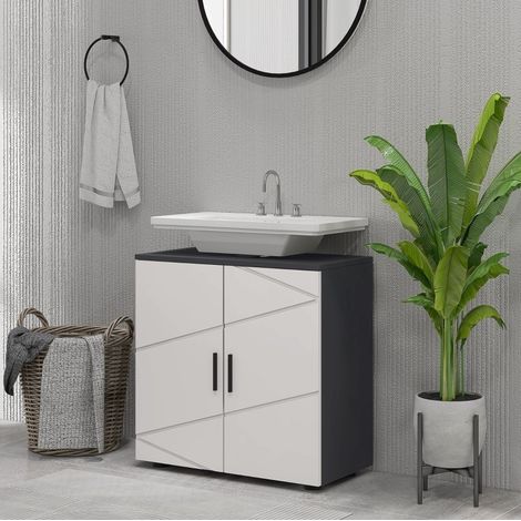 Mueble de baño con lavabo moderno gris de madera, 2 puertas y estante regulable, 60 x 30 x 60 cm (1/5)