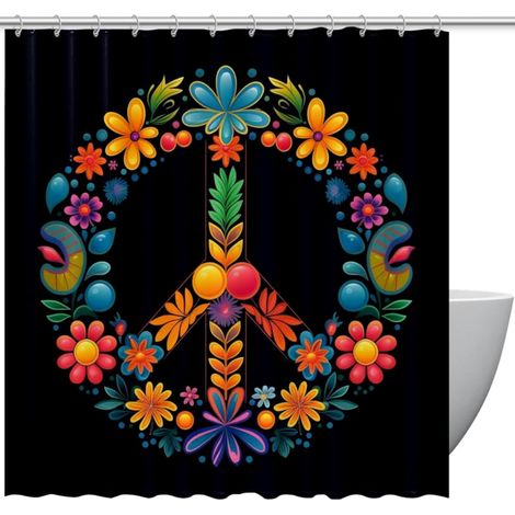 Rideau de douche imperméable à motif symbole de paix, avec anneaux et crochets métalliques, mesurant 60 pouces x 72 pouces.
