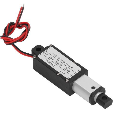 Vérin électrique linéaire miniature 150N, alliage aluminium, course 15mm, moteur 12V, IP60, pour automatisation industrielle et équipements motorisés. (1/5)