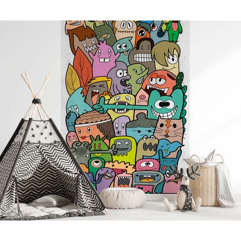 Papier peint intissé Graffiti Bleu, Multicolore, Jaune, Vert, Rose - 1,59 x 2,8 m (1/3)