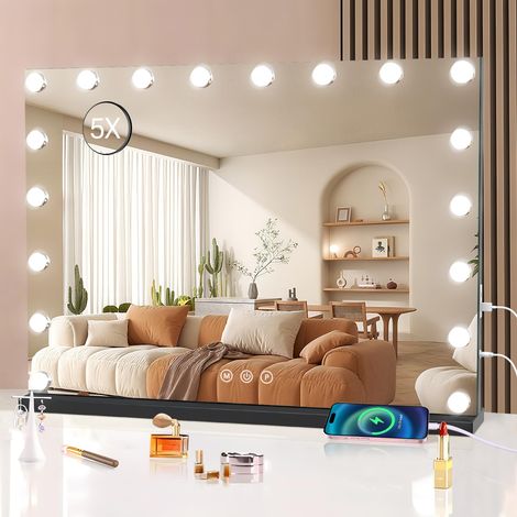 Miroir de coiffeuse avec éclairage LED, grand miroir de maquillage de 80 x 60 cm avec lumières LED, éclairage intelligent à 3 couleurs avec fonction de réglage de la luminosité par écran (1/5)
