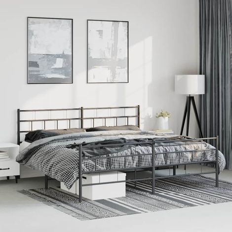 Cadre de lit métal sans matelas avec pied de lit noir 183x213cm (1/5)