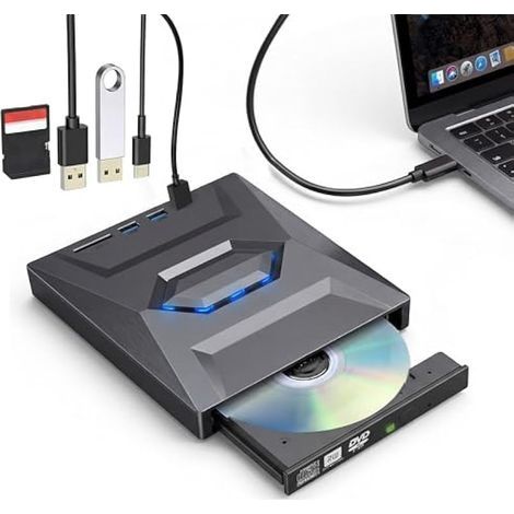 Lecteur CD DVD externe pour ordinateur portable : lecteur DVD USB 3.0 et type C externe avec lecteur de carte SD/TF et ports USB, graveur CD DVD RW pour ordinateur portable, ordinateur de bureau, Wind (1/5)