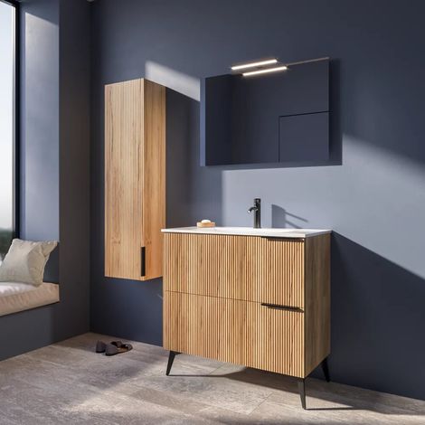Meuble de salle de bain au sol cannelé 90 cm chêne clair 2 tiroirs avec lavabo en céramique pieds noir mat et colonne Fuji (1/3)
