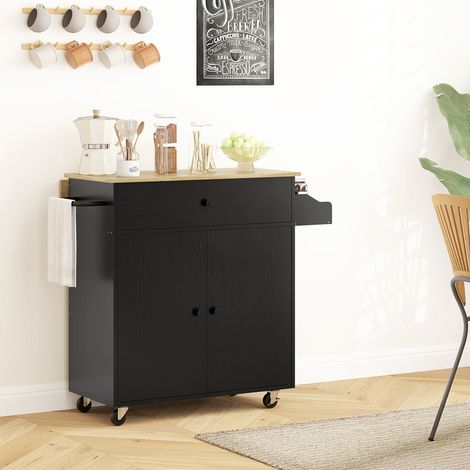 Isla de Cocina con Ala Abatible 2 Puertas Cajón Especiero Toallero y Estante Ajustable 106x42x87 cm Negro y Roble (1/5)
