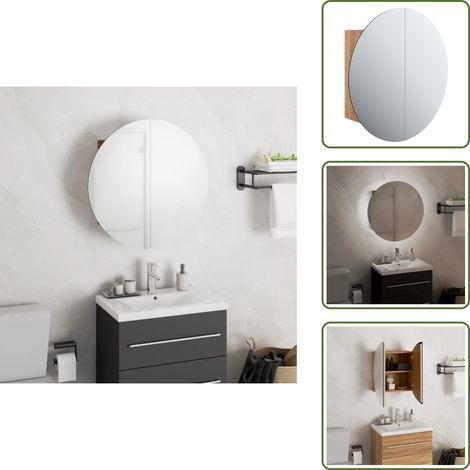 Badezimmerschrank mit Rundem Spiegel & LED Eichen-Optik - Badezimmermöbel - Holzbadschrank - Runder Spiegel - LED-Spiegel - Kosmetiktisch (1/5)