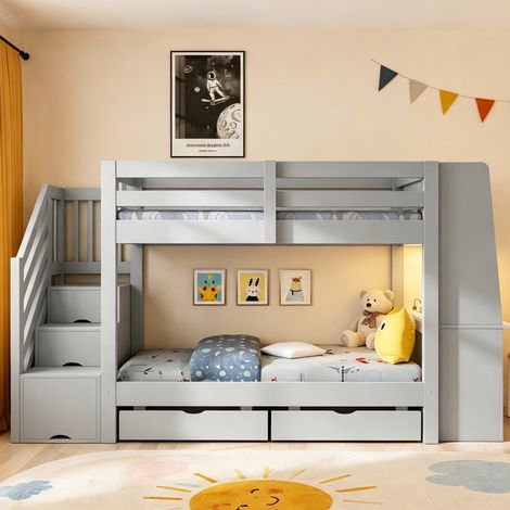 Litera 90x200 cm con sommier de láminas - Cama infantil con escritorio, escalera de almacenamiento, tira LED, enchufe y cajones de madera para niños y jóvenes - Gris (1/5)
