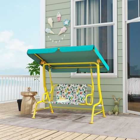 Balançoire de porche pour enfants 2 places avec ceinture de sécurité réglable de la verrière solaire pendant 3 à 6 ans jusqu’à 60 kg 112x75x120cm Vert (1/5)