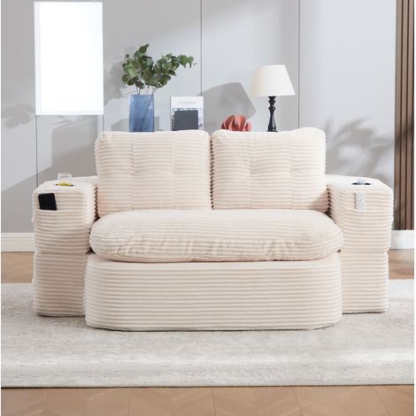 Poltrona letto 2 in 1, con braccioli rimovibili, doppio portabicchieri, tasche laterali, corduroy beige (1/5)