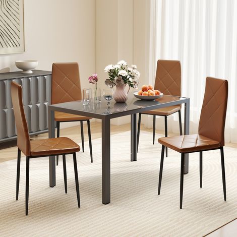 Set di 4 Sedie Sala da Pranzo in Finta Pelle, Sedie Cucina con Schienale Alto con Cuciture a Diamante e Gambe in Acciaio, Sedia Moderne per Cucina, Camera da Letto, Ufficio e Soggiorno, Marrone (1/5)