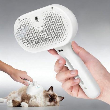 Brosse vapeur 3 en 1 pour chat - Peigne de toilettage - Peigne d'épilation - Brosse vapeur pour animaux - Épilation en un clic - ABS - Blanc (1/5)