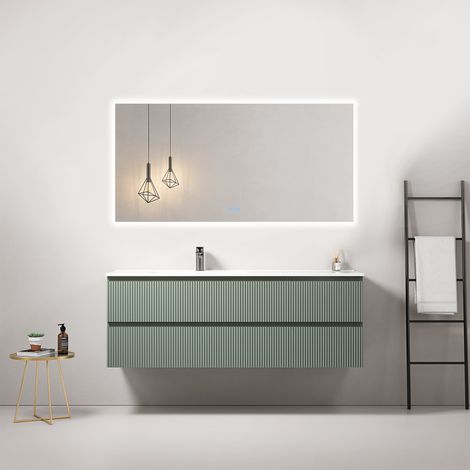 Mobile bagno sospeso cannettato 140 cm Verde Salvia Lavabo a Sinistra in Resina Specchio Quadro Retroilluminato - Fiji Paint (1/4)