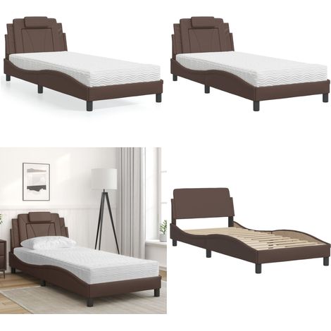 Lit Viana avec matelas marron 80x200 cm similicuir - Matelas en mousse - Coussin de tête de lit (1/5)