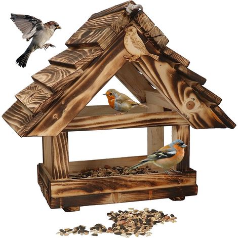 KOTARBAU Mangeoire à oiseaux en bois brûlé à suspendre + 0,5 kg de nourriture gratuite. (1/5)