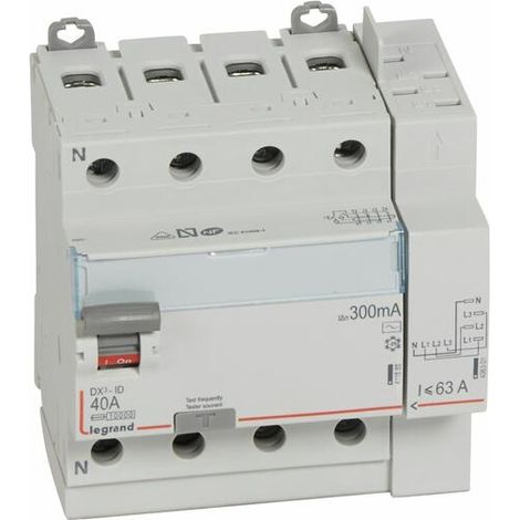 Interrupteur différentiel DX³-ID arrivée haut à vis et départ haut automatique - 4P 400V 40A typeAC 300mA - 5 modules - LEGRAND