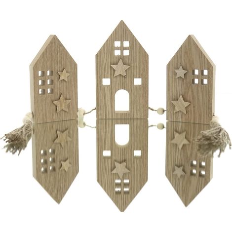 Riffelmacher Weihnachtsdeko 3 verbundene Häuser mit Sternen an einer Schnurr - Holz (1/3)