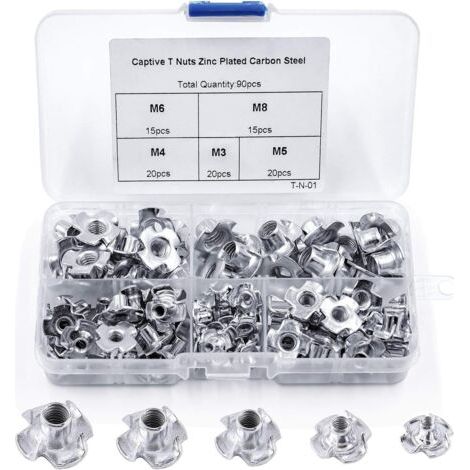Lot de 90 écrous en T 4 griffes – Acier au carbone M3/M4/M5/M6/M8 – Fixation sécurisée pour bois dur – Boîte de rangement incluse - 90pcs
