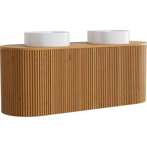 Meuble de salle de bain suspendu en teck avec double vasque à poser ronde - Naturel clair - 150 cm - TOWARI (1/5)
