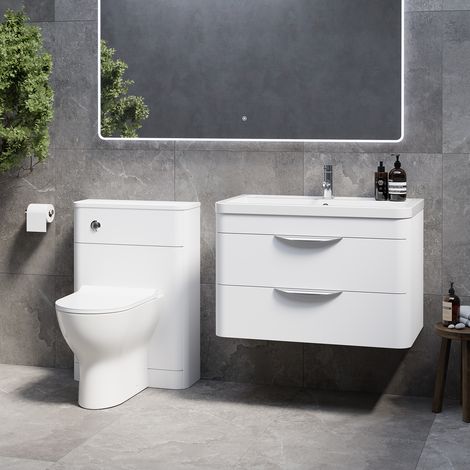 Oslo Gloss White 1350mm Wall Mounted Vanity Unit Toilet Suite with Anya Basin - 1350mm - Oslo Standard HandleWith Jubilee Toilet Pan and Seat