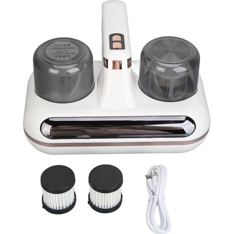 Aspirateur de lit UV sans fil à forte aspiration, nettoyeur de matelas portatif anti-acariens avec indicateur d'humidité pour oreillers, draps, canapés et peluches (blanc). (1/5)