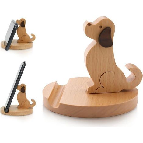 BelleRise - Support de téléphone en bois en forme de chiot miniature, compatible avec les mini-tablettes, iPhone X, XS et autres modèles. (1/5)