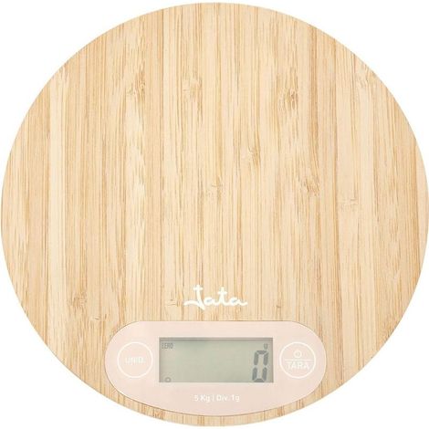 Báscula de cocina digital Jata Hogar HBAL1110, capacidad de 5 kg, bambú natural, precisión de 1 g, pantalla LCD, función de tara (1/5)