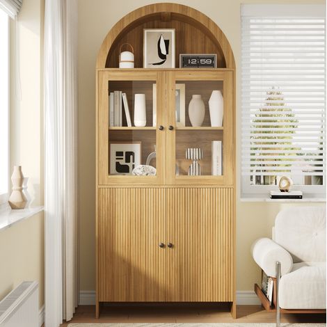 Credenza vetrina 78 x 40 x 176 cm con ante in vetro e vano chiuso, legno naturale DESVIAE (1/5)