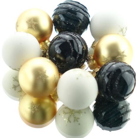 Christbaum-Micro-Kugeln Wollweiß Braun & Goldfarben & Schwarz Ø 3 cm aus Glas - 9er Set