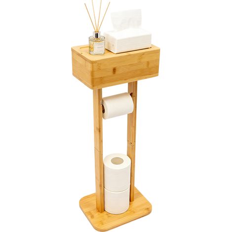 Porte-rouleau papier toilette en bambou – Distributeur de papier sur pied avec boîte de rangement – Hauteur 64,7 cm, pose libre sans perçage – Style naturel pour salle de bain et WC (1/5)
