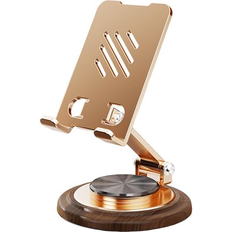 Support Téléphone Bureau Pliable,Support pour téléphone portable en bois de noyer et métal épais,Rotation à Clic 360°, Réglable en Hauteur Multi-Angles Porte Telephone (Or) (1/4)