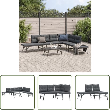 The Living Store 5-tlg. Garten-Sitzgruppe mit Kissen Schwarz Stahl - Gartengruppe - Gartenmöbel Set - Esszimmerset Outdoor - Essplatz Im Freien - Lounge Möbel (1/5)