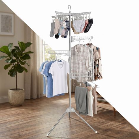Relaxdays Wäscheständer Kleiderbügel, 27 Bügel, 24 Klammern, 170 cm hoch, klappbarer Bügelwäscheständer, silber/weiß (1/5)