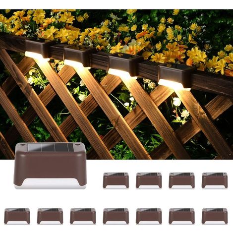 Juego de 12 luces solares impermeables para terraza, escaleras, valla, jardín, patio y entrada de vehículos (blanco cálido). (1/5)