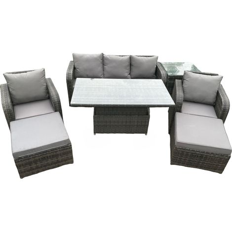 Fimous Meubles d'extérieur en rotin Jardin Salle à manger Set Table élévatrice réglable en hauteur Set canapé avec chaises Table d'appoint 2 grands repose-pieds (1/5)
