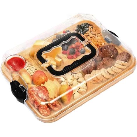 Plateau en bois pour fromage, plateau à goûter, boîte de pique-nique avec compartiment pour fruits, idéal pour les voyages, le camping et les vacances en plein air. (1/5)