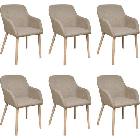 Chaises de salle à manger, lot de 6. Tissu beige et bois de chêne massif. (1/5)